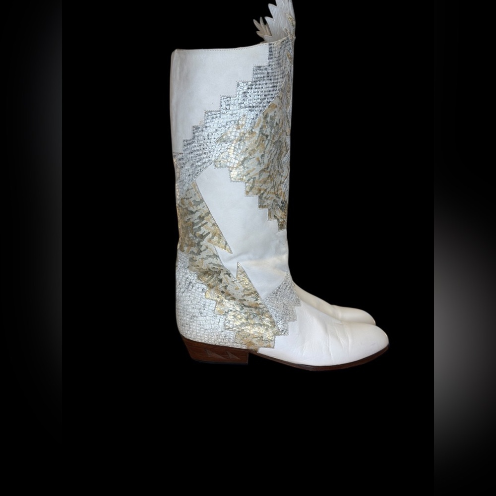 🌟 RARE Vintage Neiman Marcus White Western Tall Leather Boots Metallic sz 37.5 🌟 - Picture 8 of 13
